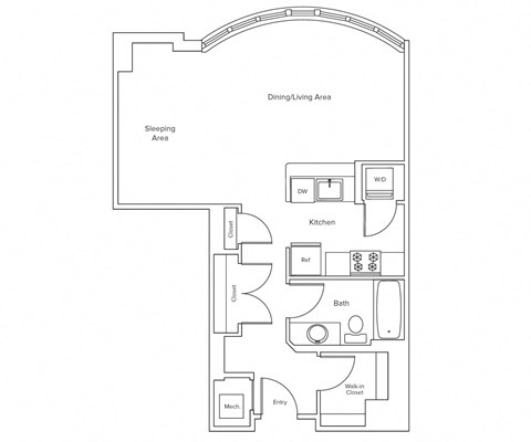 Floor plan for studio, 1 bath, 654 sqft